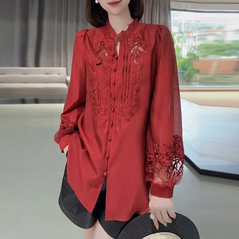 Red Business Casual Ladies Fashion Loose Spring Autumn Thin Blouses Office Lady 2023 New Solid Color Tops Buttons Women Clothing