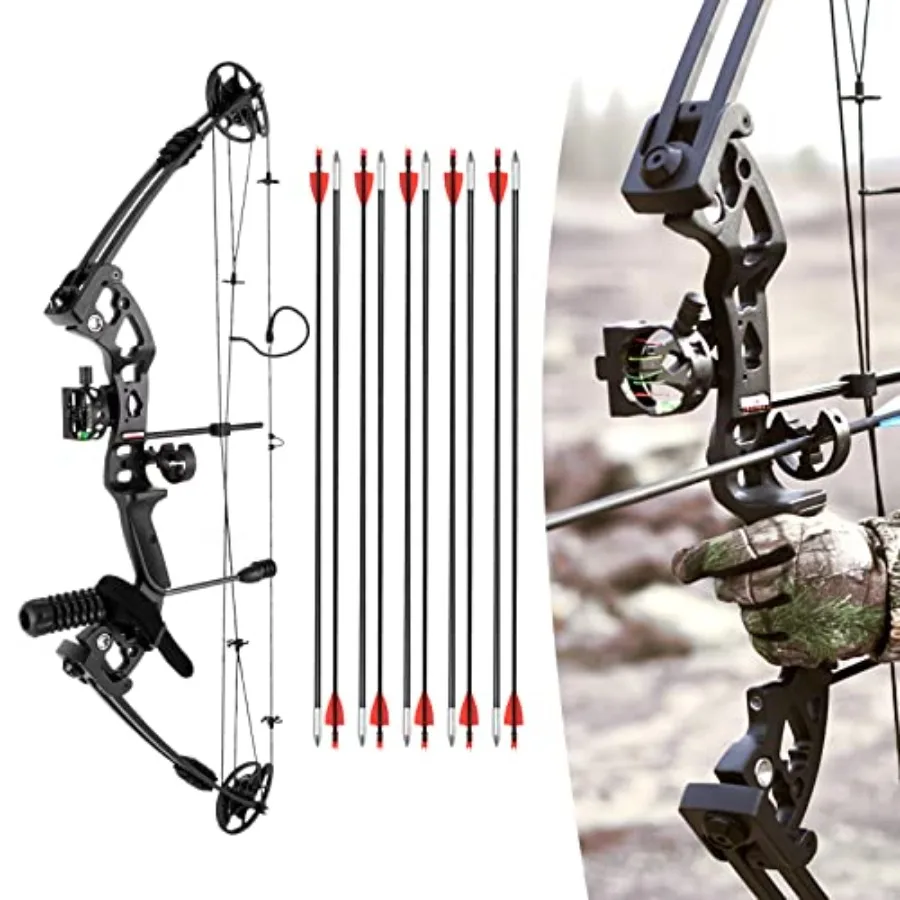 Kit de Arco Compuesto Profesional para Mano Derecha con Set de Caza Portátil Ajustable, Flechas de Carbono de Alta Resistencia, Diseño Negro y Camuflaje Preciso