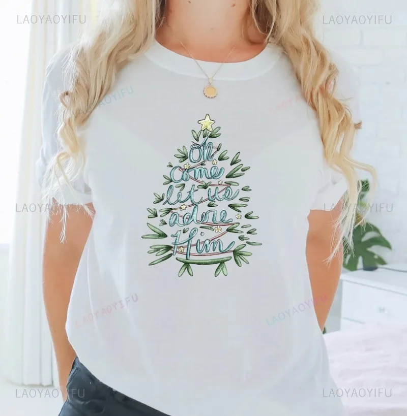 Christmas Tree Jesus Bible Quote Woman Man Printed T-shirt Love Like Jesus New Year Xmas Cotton T Shirts Merry Christmas Tops