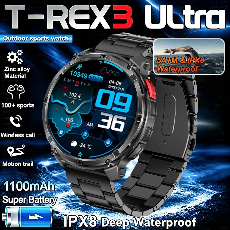 

2026 New T-Rex 3 Ultra 1100mAh Smart Watch 5ATM Waterproof Sports Fitness GPS Track Heart Rate Compass Bluetooth Call Smartwatch