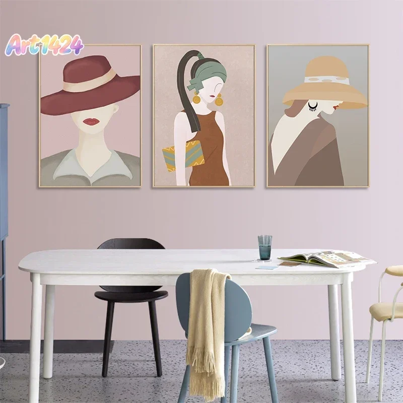 (No frame)Nordic Abstract Fashion Girl Wall Art Poster Minimalist Morandi Canvas Painting Vintage Pictures For Living Room Ho
