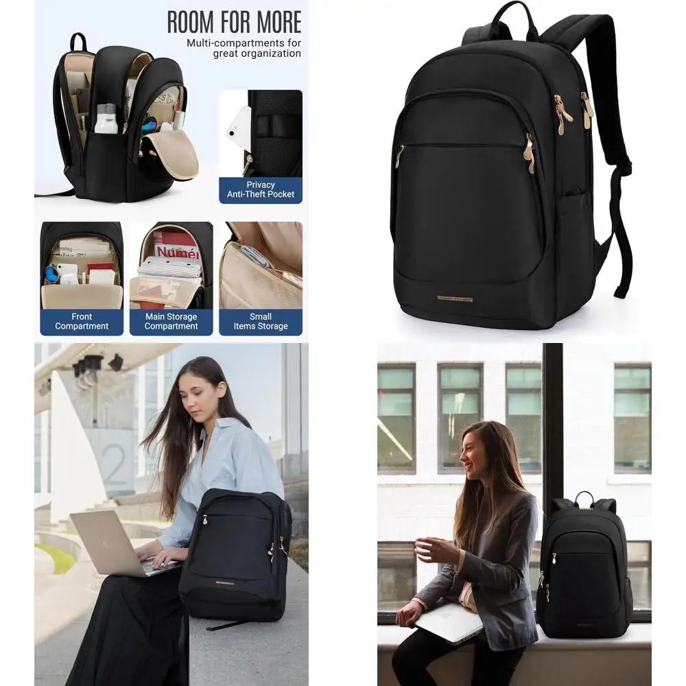 

15.6 Women's Waterproof Laptop Backpack with USB Port, Large Capacity for College or Work, Black
