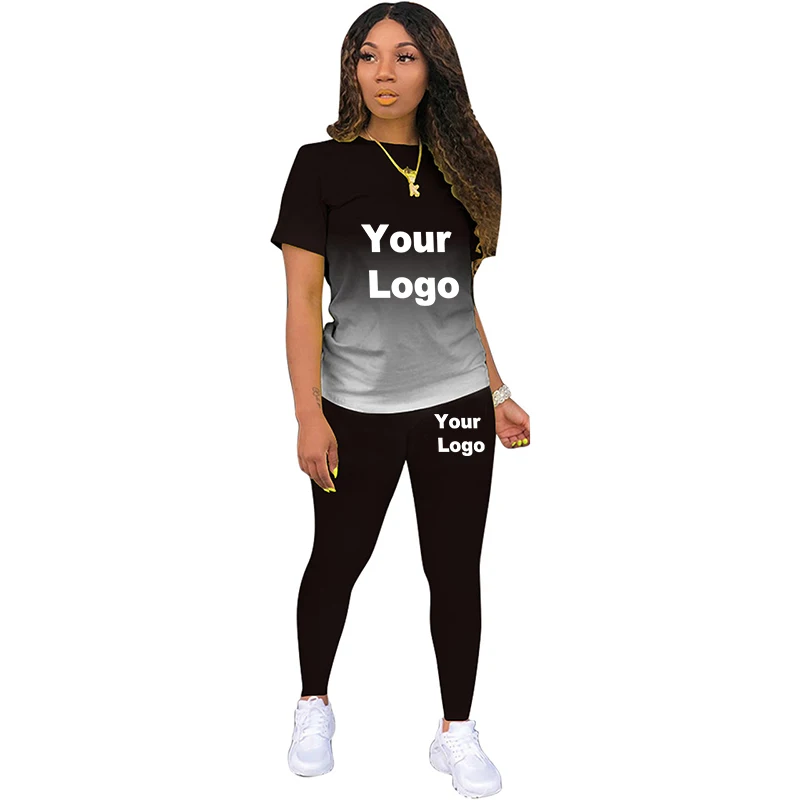 

Women Custom Logo Two Piece Set Summer Short Sleeve O-Neck Tee Tops+Pants Suits Tracksuits Outfit Graphic T Shirts Jogging Suit