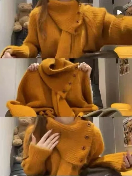 

Оранжевый вязаный свитер с отстегивающимся шарфом, свободный, мягкий, женский, красивый, зимний, новый, повседневный, удобный, с длинными рукавами