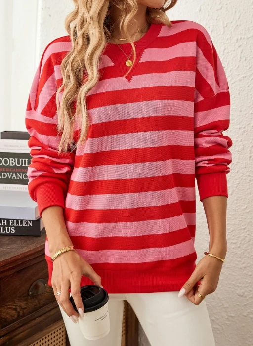 

Women's Sweatshirt 2024 Autumn and Winter Trendy Sweet Striped Print Round Neck Long Sleeved Loose Fit Pullover Hoodie Top