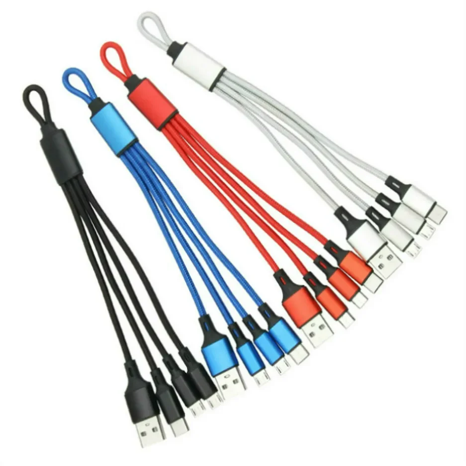

800pcs 3 in 1 Multi 8Pin Micro USB Type C Cable for iPhone Xiaomi Huawei Samsung Sony Mobile Phone Keychain Fast Charger Cord