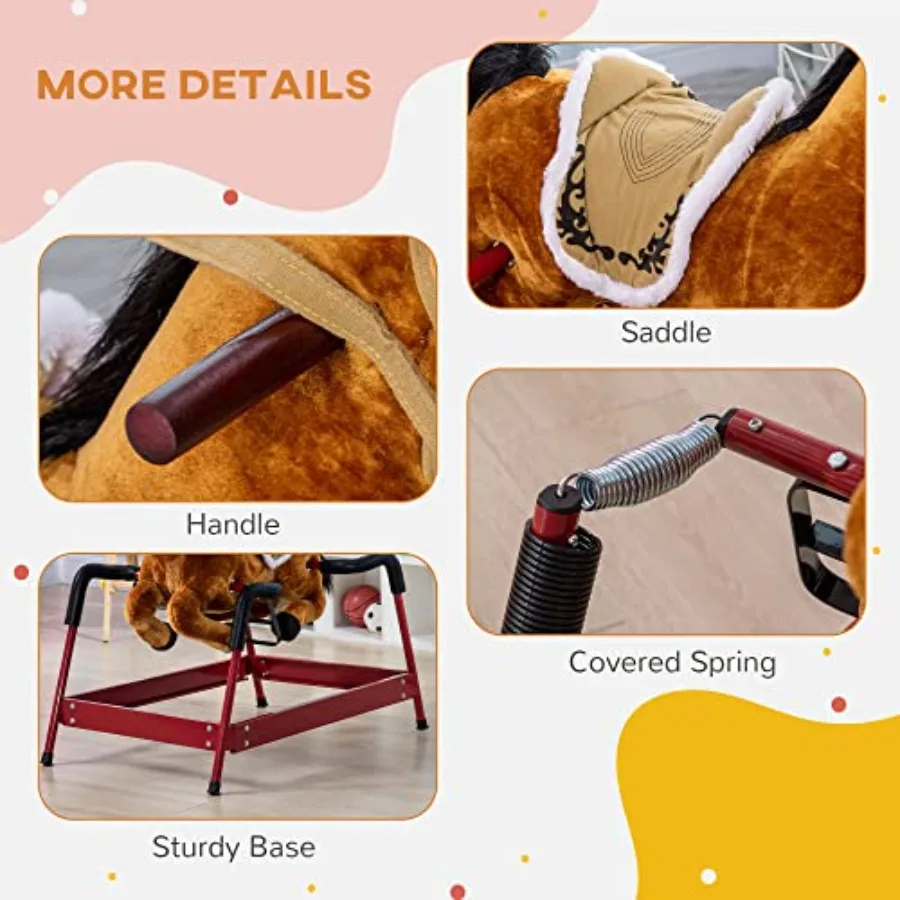 Caballo mecedora de primavera para niños, caballo paseo para niñas y niños con sonidos de animales, paseo de caballo de peluche con sensación suave, interactivo