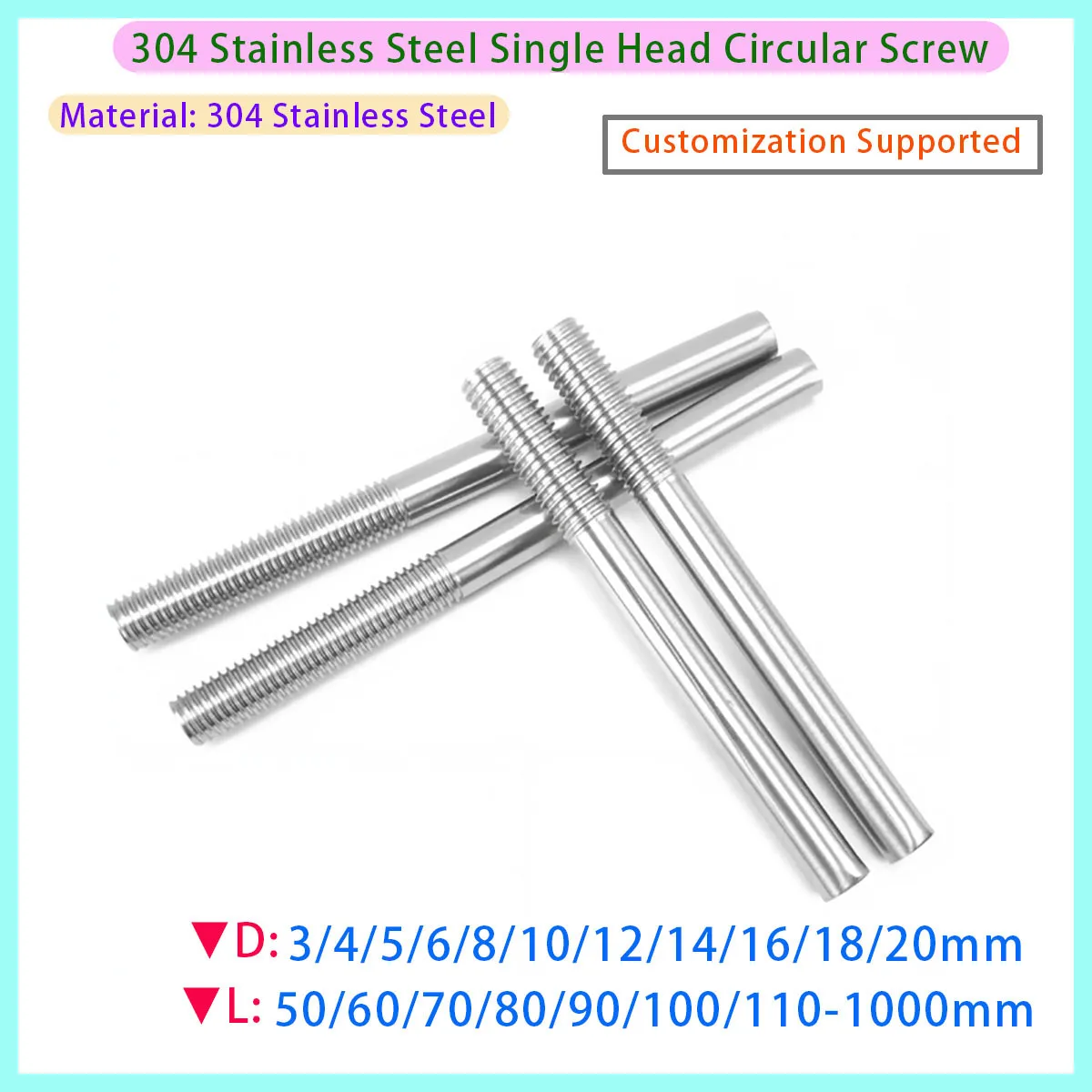 304 Stainless Steel Single Threaded Head Bolt Double Headed Extension Rod M3 M4 M5 M6 M8