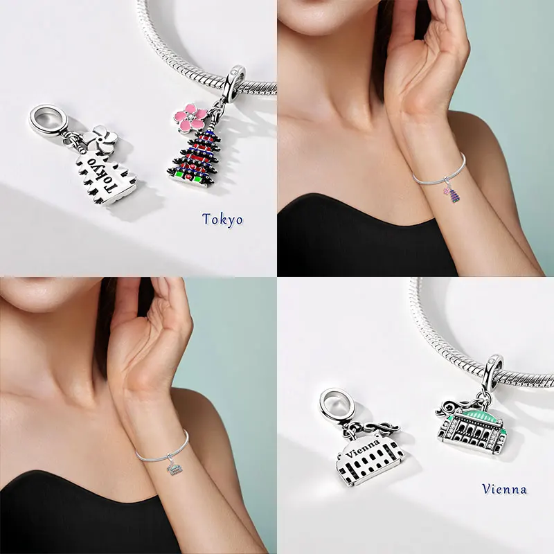 World Landmark Beads Original 925 Sterling Silver Beads Fit Bracelets Bag Keychain Charms Diy Women Gift Accessory Shiny Travel view 3