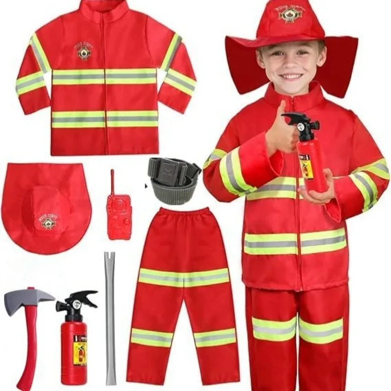 Feuerwehrmann-Kostümset für Kinder – Rotes, bedrucktes, sportliches Feuerwehrmann-Outfit für Berufstag und Feuerübungs-Rollenspiel