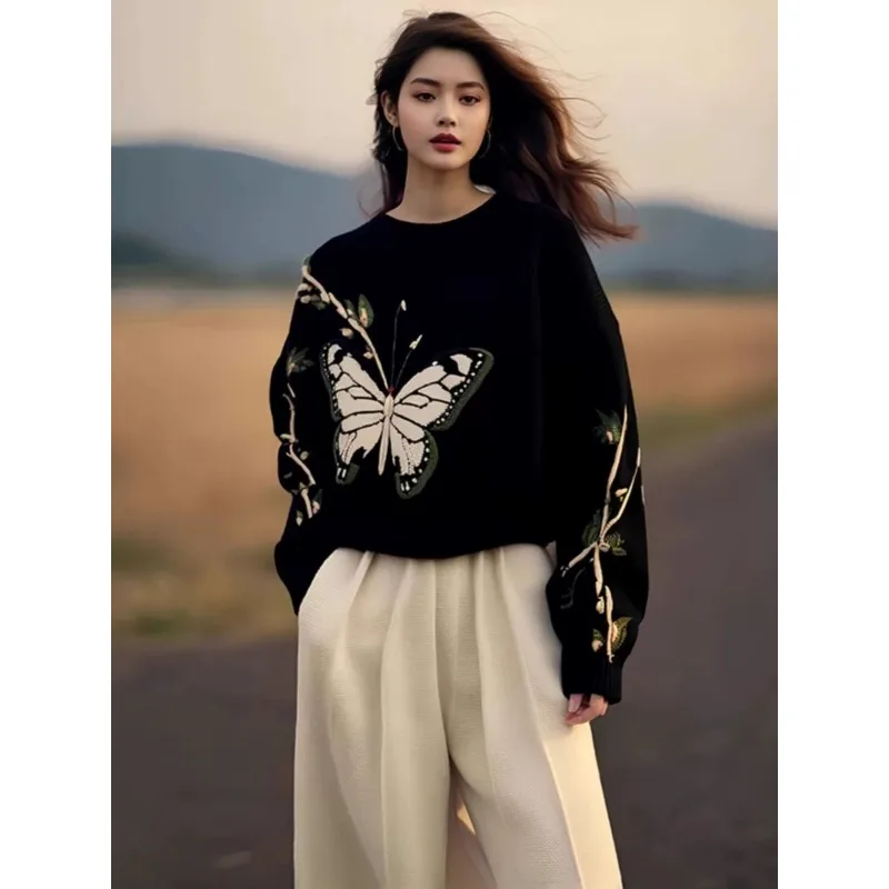 Black Butterfly Print Sweater Loose 2025 Autumn and Winter New Style Sweater Chic Top Fashion
