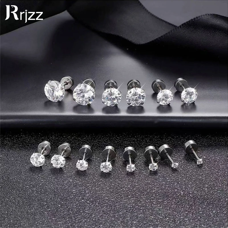 Rrjzz Solitaire 2mm/3mm/4mm/5mm/6.5mm/7mm/8mm Moissanite Earrings Simple 0.03-2CT Threaded Stud Earrings for Women Jewelry Gifts
