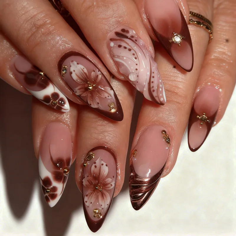 French Tips Press On Nails Medium Almond 5D Flower Glossy Brown Glue On Fake Nails Water Ripple Rhinestone Reusable Fall Winter