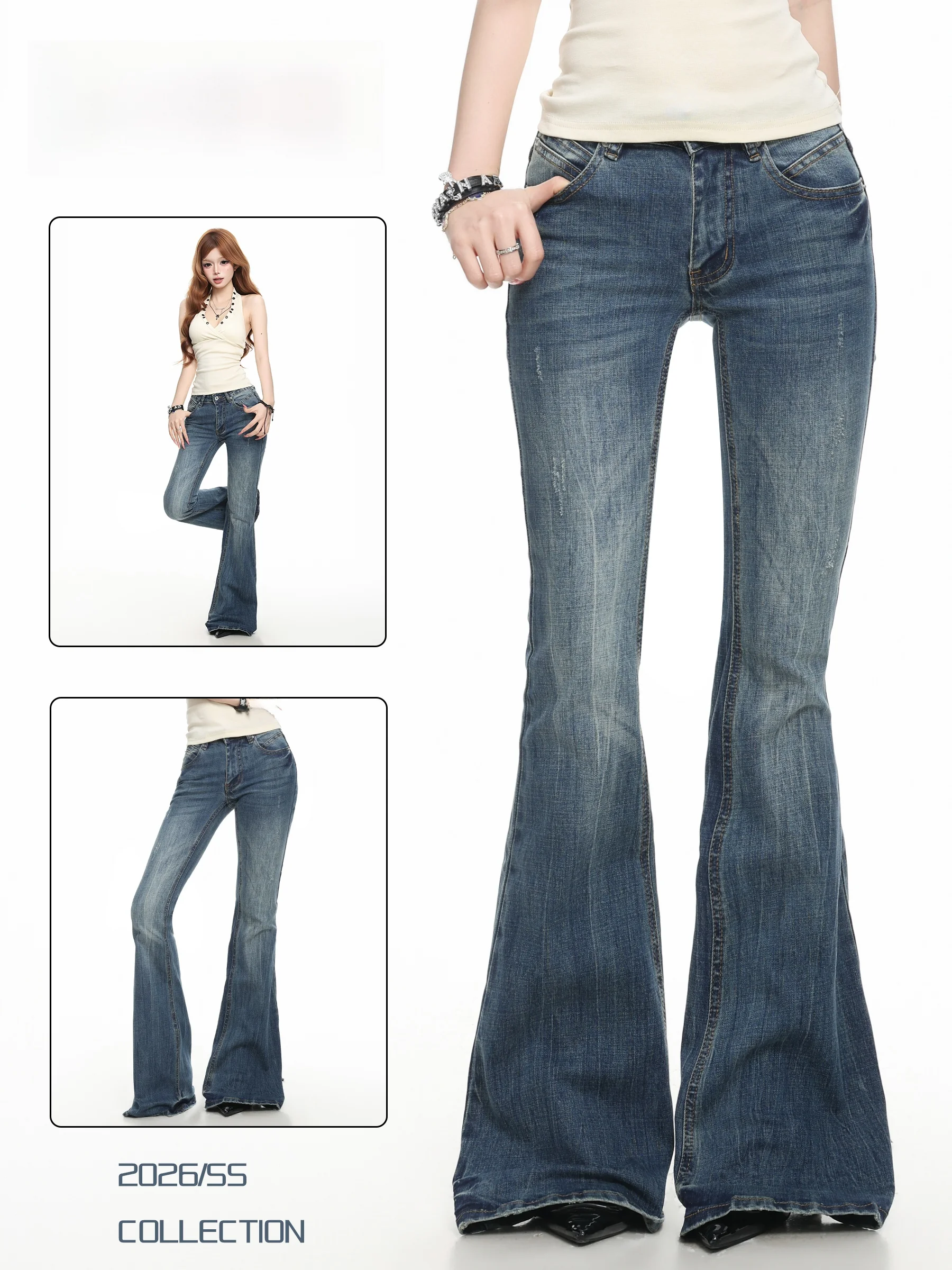 Basterds High Waist Bell Bottom Jeans Women's Slim Fit Fashionable Long Pants Summer Cotton Blend Denim Blue Casual Wear