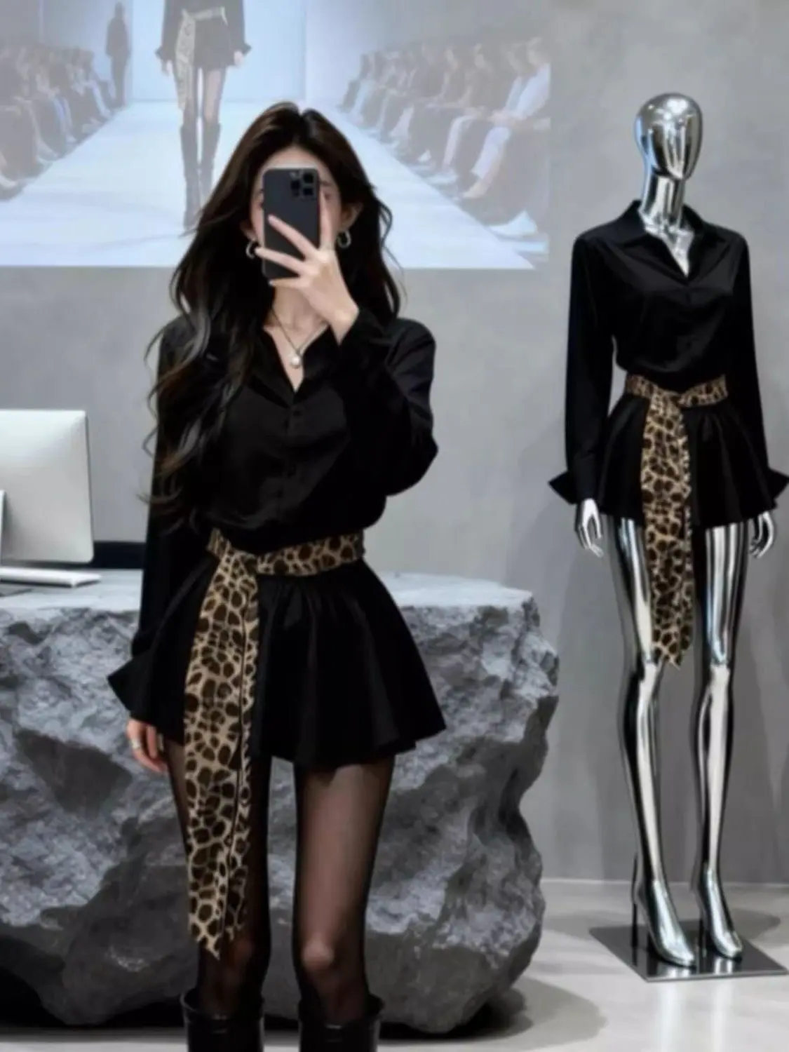 

Elegant Black Shirt Dress Women's Fashion Spring 2026 Casual Waist-Cinching Versatile Dress Korean Style Slim Fit Long Sleeve