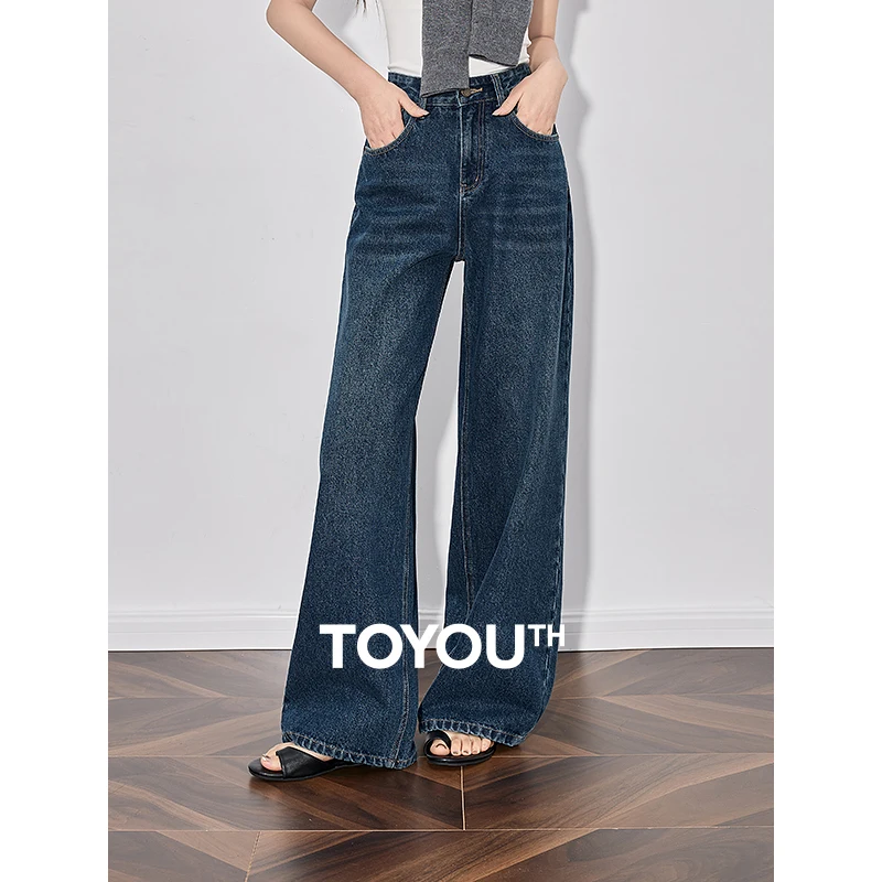 TOYOUTH Women Denim jeans 2025 Spring New Mid Waist High Street Versatile Wide Leg Casual Pants