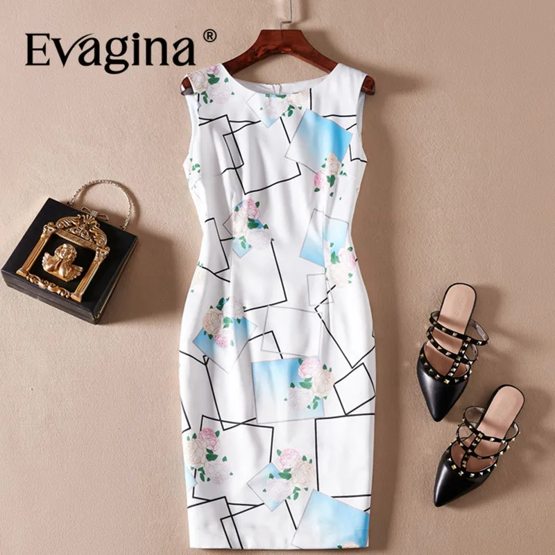 Evagina Flower Print Sleeveless Mini Dress 2024 Spring Summer New Women's Commuter White S-XXL Quality Pretty Dresses