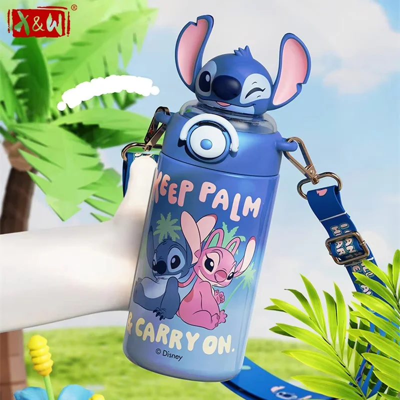 X&W Pour Disney – Tasse Thermos Stitch Grande Capacité – Bouteille d'Eau Isotherme en Acier Inoxydable avec Paille – Motif Disney Mignon Stitch