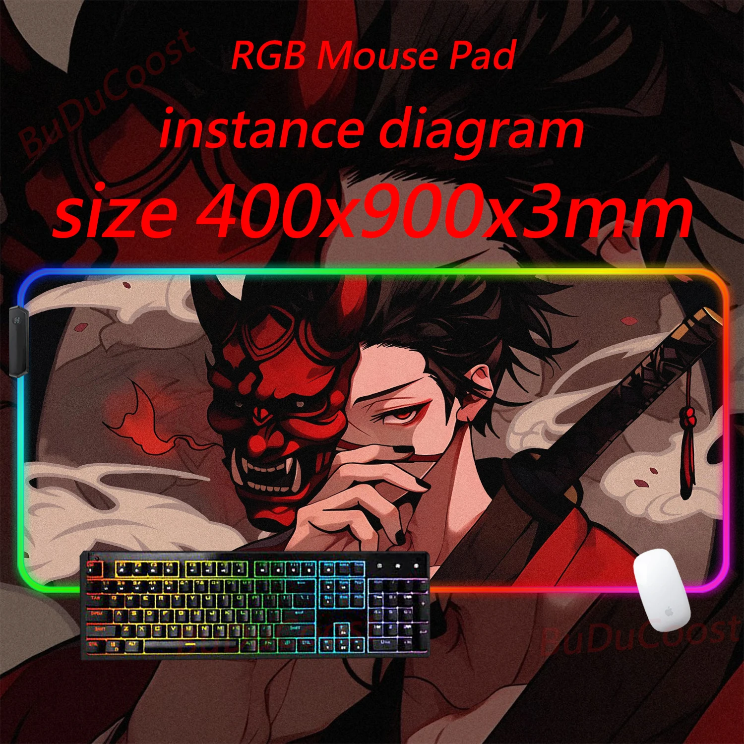 RGB Devil Mask Rubber Demon Anime Girl Office HD Printing Desk Mat Gaming RGB Gamer Locking Edge Computer Luminescence Mouse Pad