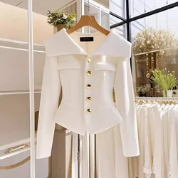 2025 Autumn Women's White Coat Waist Long Sleeve Slim Chic Short Outwear High-End Solid Color Top Clothing Office Jackets Ladies