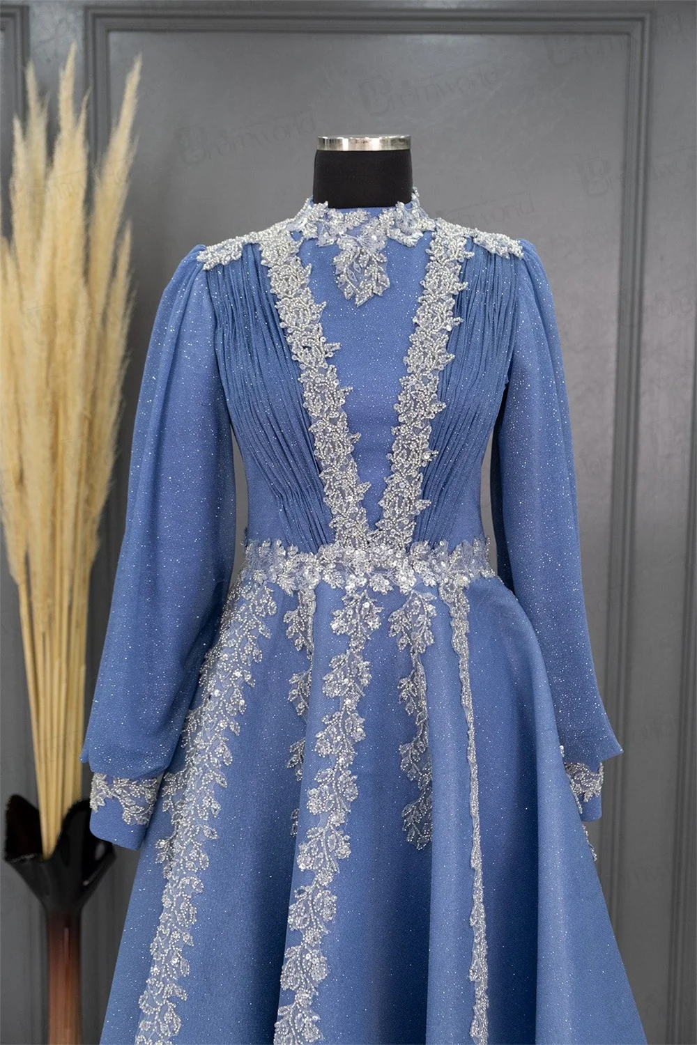 Vestido Formal de Pescoço Alto para Muçulmanos, Manga Longa Linha A, Vestidos de Noite, Renda Frisada, Dubai, Árabe, Islâmico, Abaya, Elbise