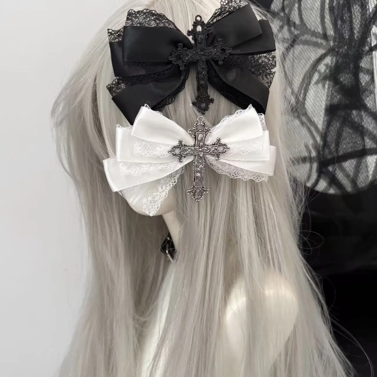Gothic Hair Clips  Retro Cross Lace Bow Hairpin for Girls Lolita Headwear Black White Bow Headdress Barrettes
