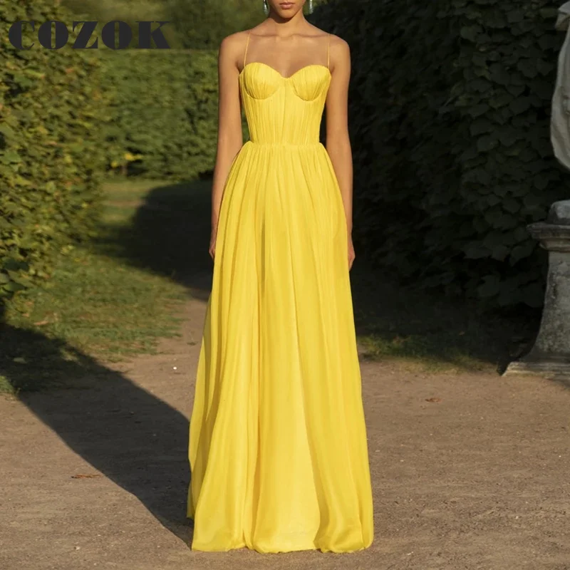 

COZOK Yellow Chiffon Elegant A-Line Long Prom Gowns 2023 Floor Length Formal Party Evening Dresses Vestidos De Gala KH66