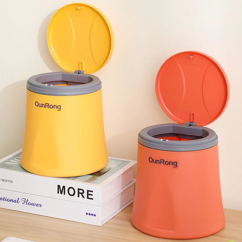 

Hand Press Round Lid Small Plastic Table Trash Can For Office