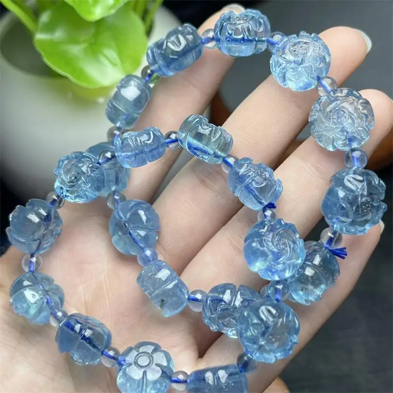 Natural Aquamarine Flower Bracelet Women Men Handmade Stretch Rope Bracelet Luxury Jewelry Energy Healing Gift 1PCS 12-14MM