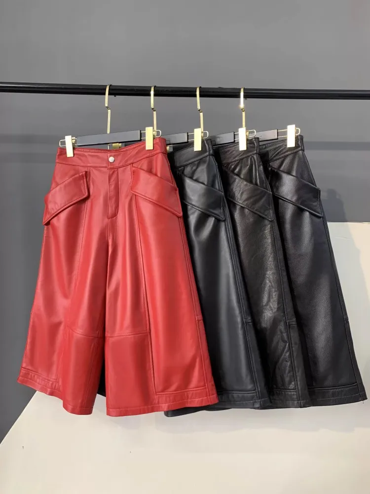 Women Genuine Leather Pants High Waist Loose Fit Mid Calf Trousers Solid Color Spring Autumn Harajuku Sheepskin Wide Leg Pants