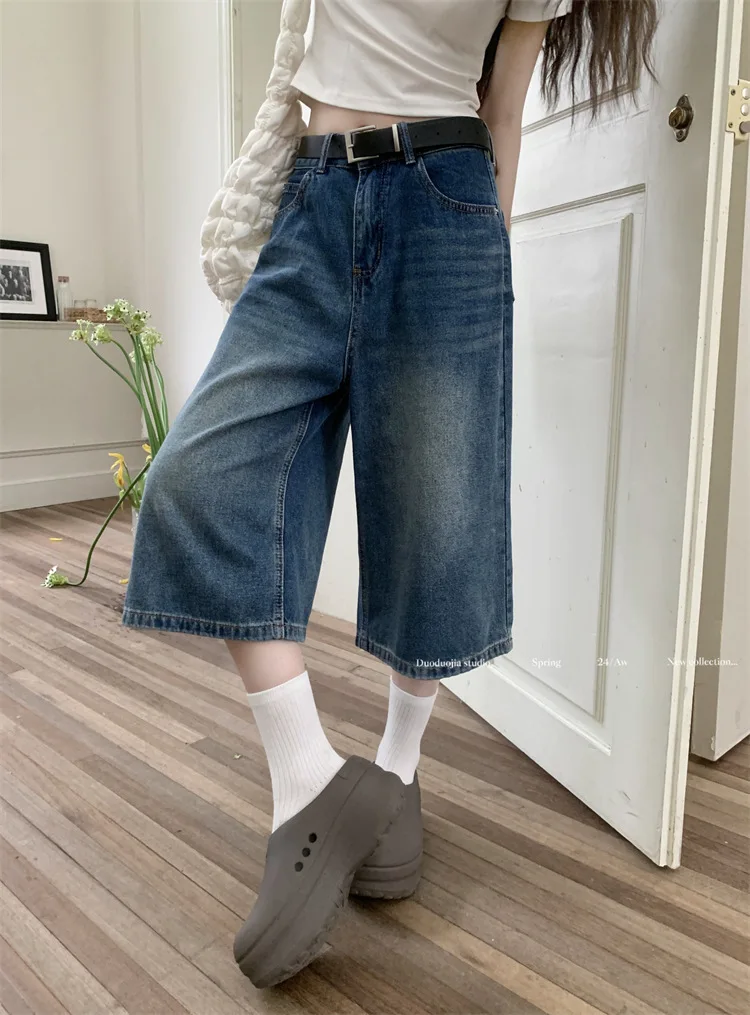 

Summer Women's Fashion High Waist Shorts Jeans Harajuku Straight Wide Leg Denim Blue Baggy Jeans