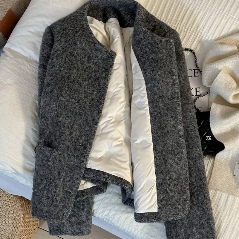 Women Winter Grey French Elegant Short Jacket Quilted Padded Inner Warm Chic Outerwear
