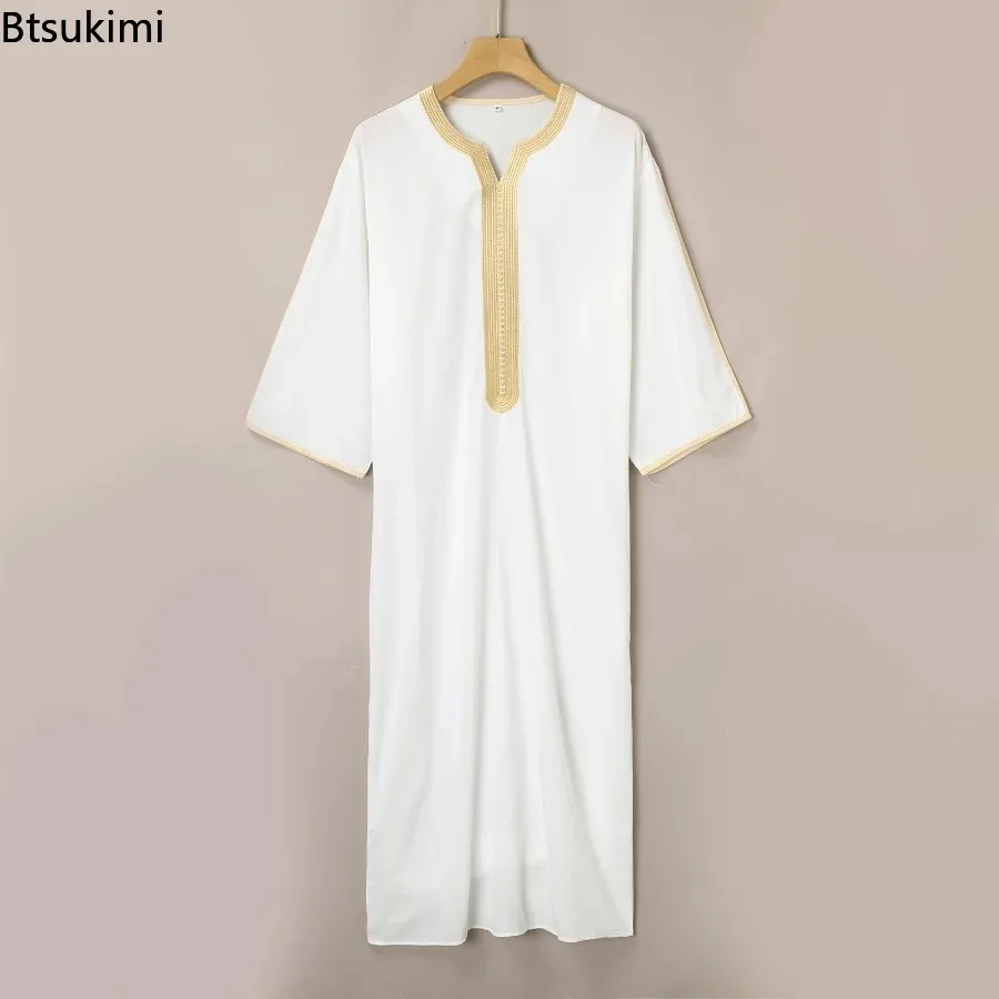 2025 Eid Musulmano Abbigliamento Uomo Stile Etnico Giunzione Ricamato a maniche lunghe Abaya Arabo Saudita Allentato Casual Robe Uomo Musulmano Thobe