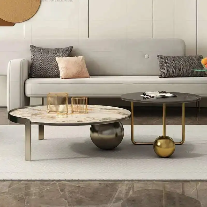 فاخر بسيط جولة حجر طاولة القهوة ضوء غرفة المعيشة شخصية الفولاذ المقاوم للصدأ طاولة القهوة الحديثة حجم مجموعة #3