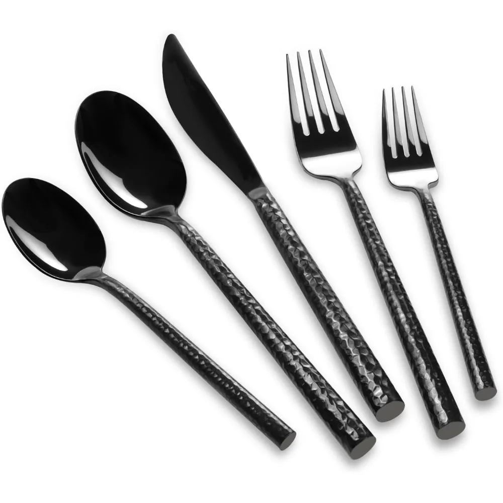 

18/10 Stainless Steel Flatware Set Hand Forged Silverware Set Black Cutlery Set Round Hammered Handle Mirror Finished Heavy Duty