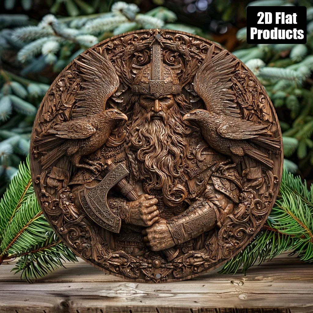 Viking Warrior Round Aluminum Metal Sign, 2D Flat Integrated Plate Home Bar Cafe Office Decor Halloween Christmas Holida