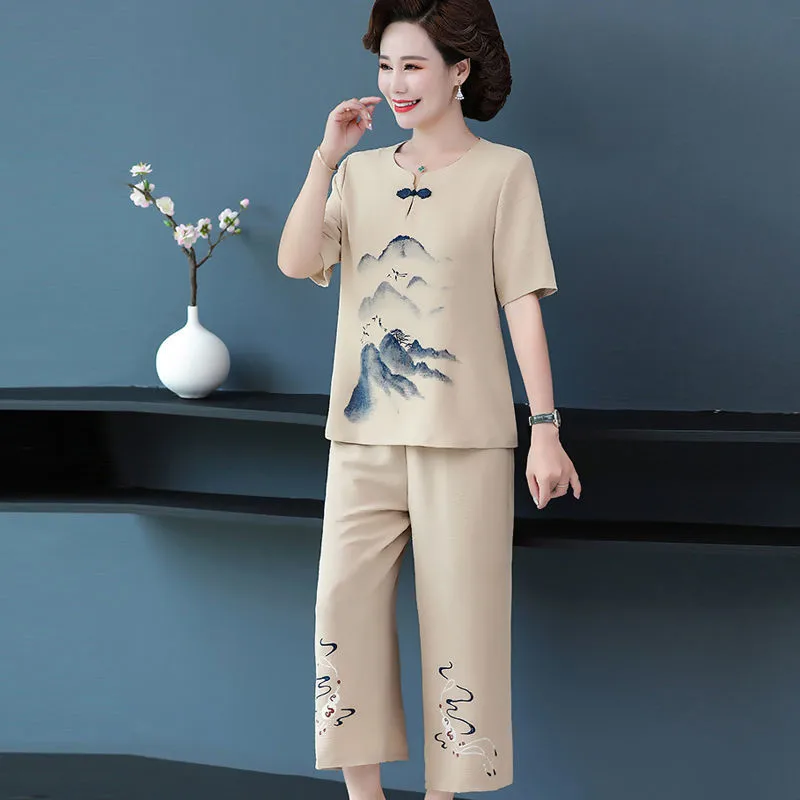 New Two-Piece Summer set Female New Embroidery Set Mother Middle-Aged Outfit Elderly Women\'s Ethnic Casual Suit