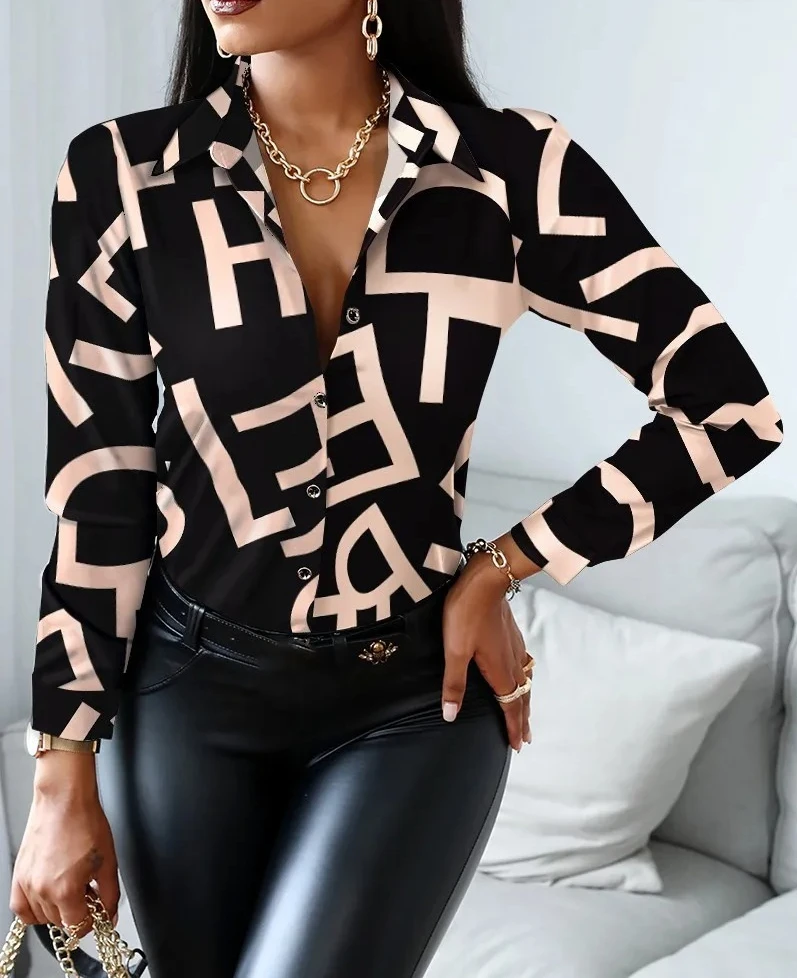 

Elegant Women's Fashion Blouse Spring/Summer Digital Print Shirt Commuter Slim Fit Office Female Tops