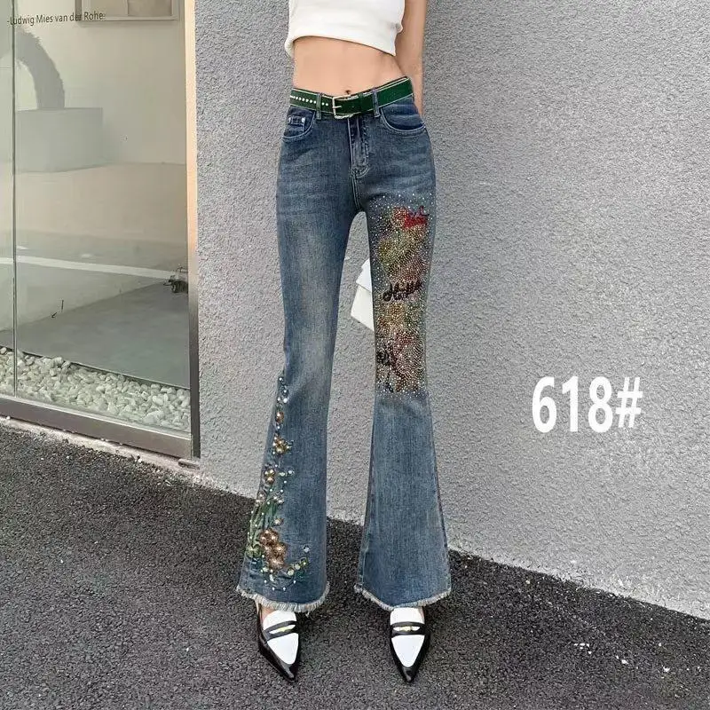 

Women's Autumn Micro-horn Hot Drilling Beaded Jeans 2024 Vintage Raw-edge Trousers Fashion Jeans Elastic High Waist Slim pants