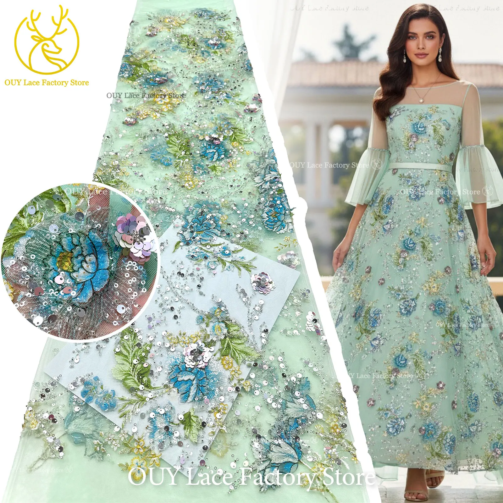 Elegante DIY handgemachte Stickerei-Blumenspitze, afrikanische Perlen-Spitze, französische Pailletten-Tüllspitze für Hochzeitskleid-Design – Detail 5