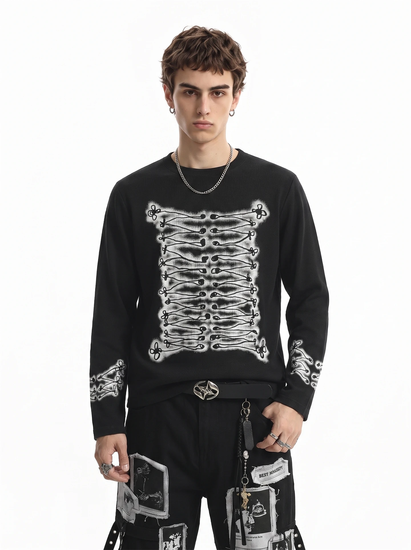 BETEBULE American High Street Napoleon Print Long Sleeve T-Shirt Men's Autumn Street Light Vintage Loose Top Youth Fashion
