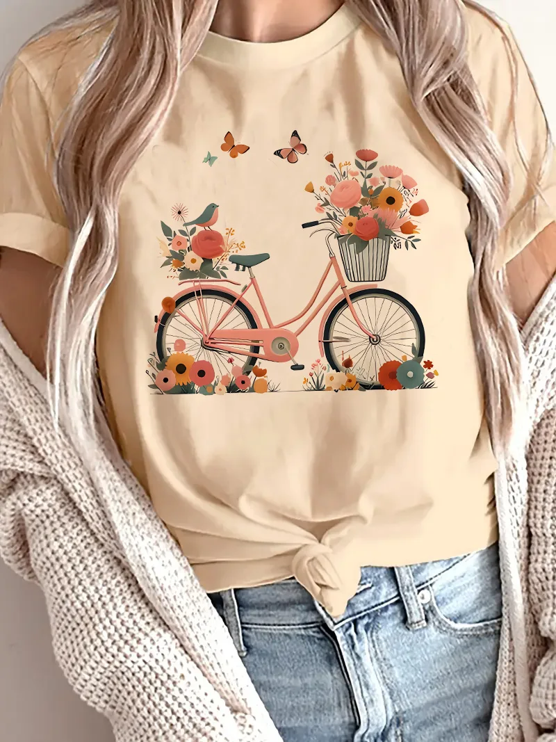 Floral Butterfly Bicycle Print T-Shirt: A Stylish, Thoughtful Choice for Spring and Summer Fashion