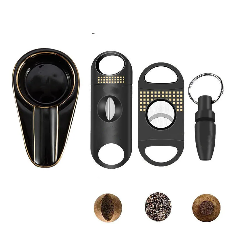 Black Cigar Cutter Set Pocket Ashtray V-Cut Sharp Cigar Scissors Guillotine Puncher Knife Gadget Cuba Cigar Accessories