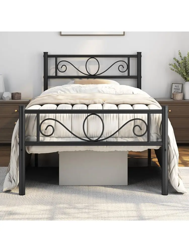 Single Metal Bed Frame Solid Bedstead Base with Headboard and Footboard, Metal Slat Support and Underbed Storage Space, Black