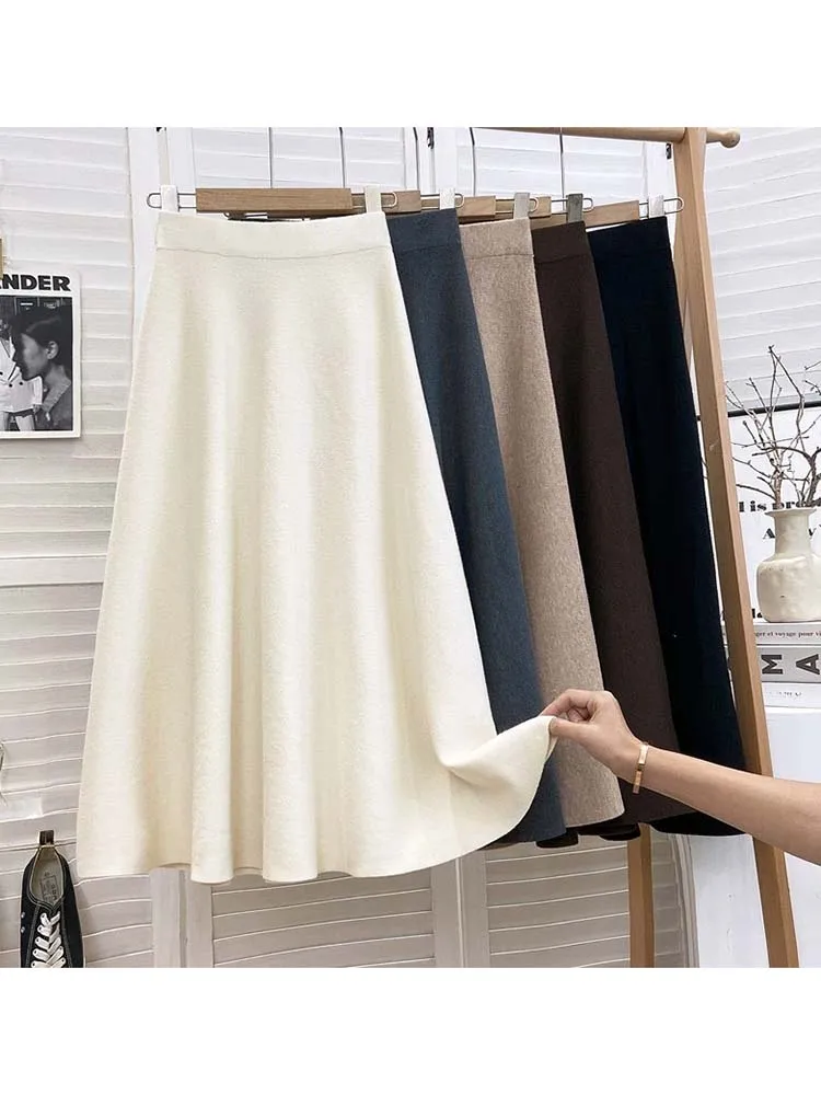 Women Knitted Midi Skirt Elegant Black A-Line High Waist Pleated Long Skirt Korean Spring Autumn Winter Faldas Femme Jupes