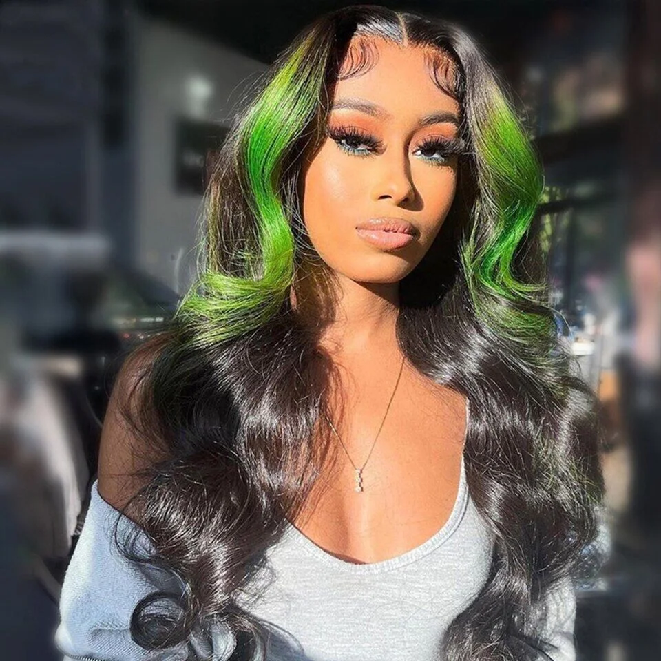 30 34 Inch Body Wave Lace Front Wig Highlight Green Lace Front Human Hair Wigs Colored Human Hair 13x4 13X6 HD Lace Frontal Wigs