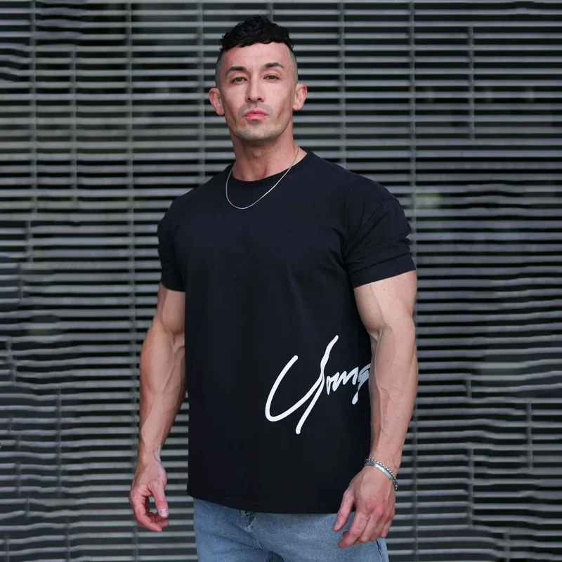 Summer new men\'s oversized T-shirt muscle exercise fitness cotton round neck short sleeve gym running basketball training