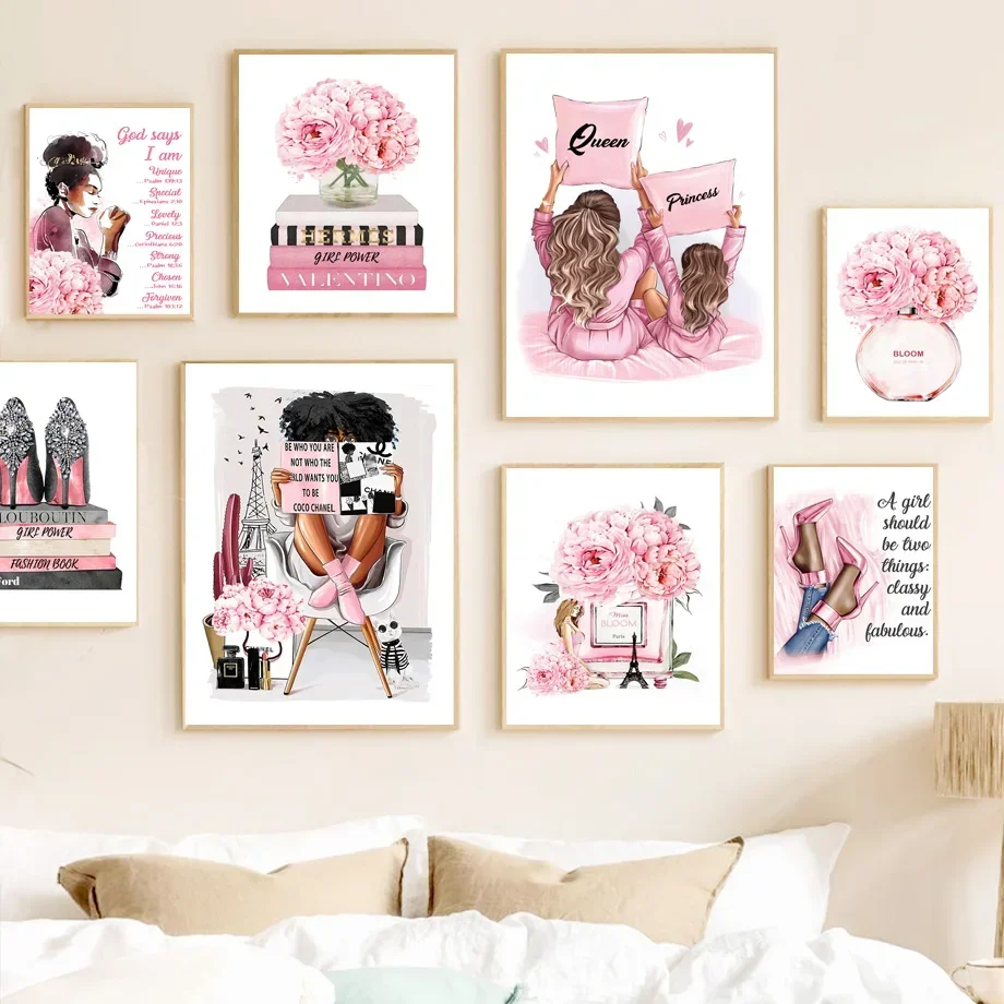 Fashion Black Girl Heels Peony Book Paris Perfume Art  Nordic Posters and Prints Canvas PaintingWall Pictures Living Room Decor