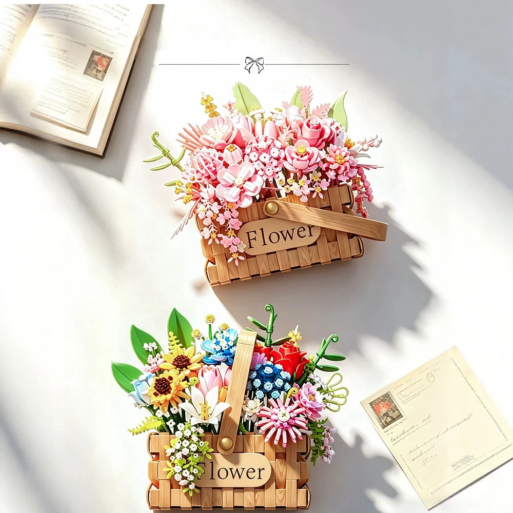 

Idea Loz Pink Rose Mini Diamond Building Block Flower Wooden Basket Bricks Construction Toys Desk Decor For Adults Gifts