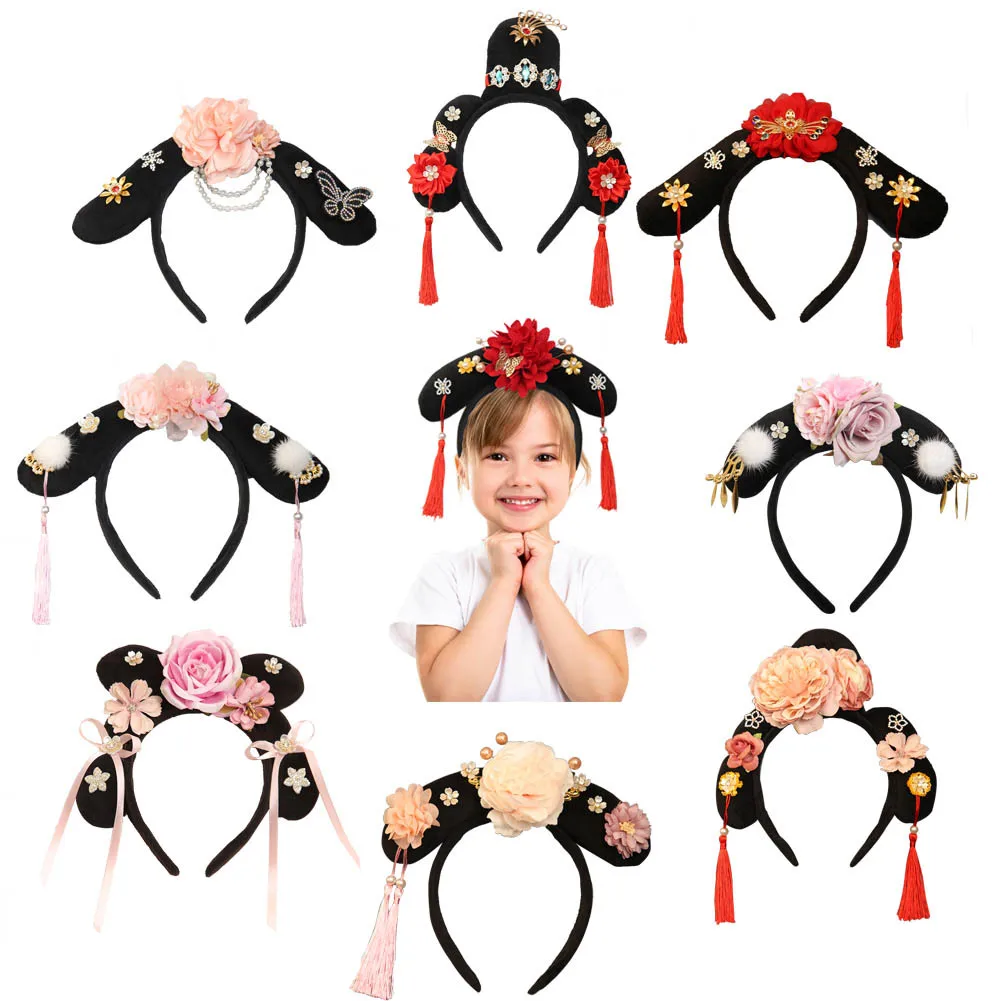 Chinese Princess Gege Headband Ancient Royal Flower Pearl Tassel Hair Band Costume Cosplay Photography Headwear for Girls Women